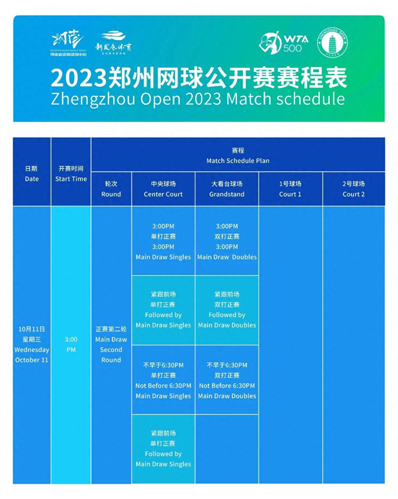 2023郑州网球公开赛赛程揭晓